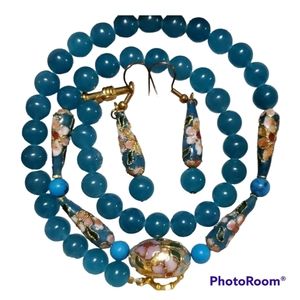 Handcrafted Turquoise Jade Natural Stones w/Cloisonne Beads Choker/Earrings